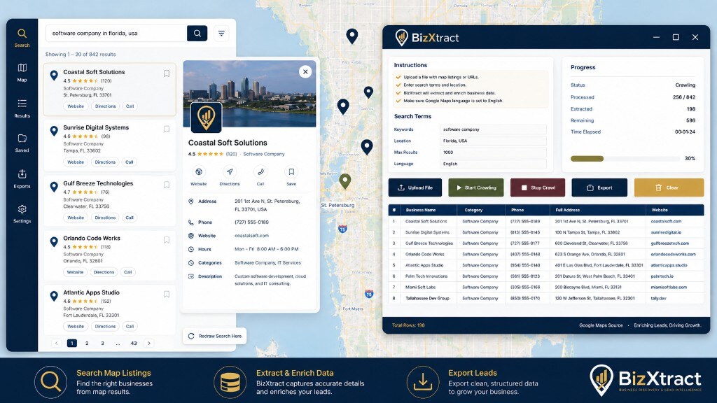 BizXtract desktop application showing crawl progress, controls, and extracted business lead records